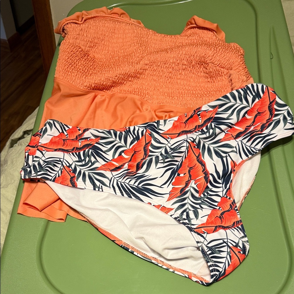 Orange and Leaf Print Swimsuit Set